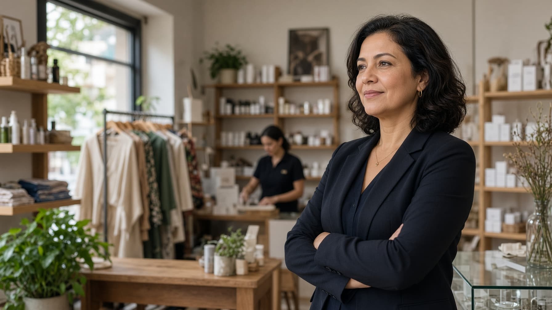 Empresária em ambiente comercial com seguro empresa